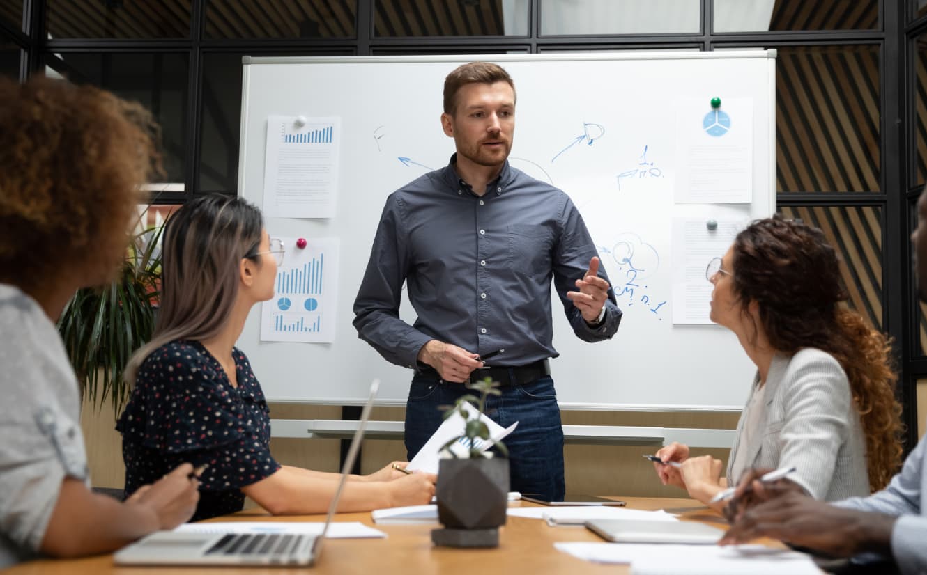 man giving grant management solution presentation